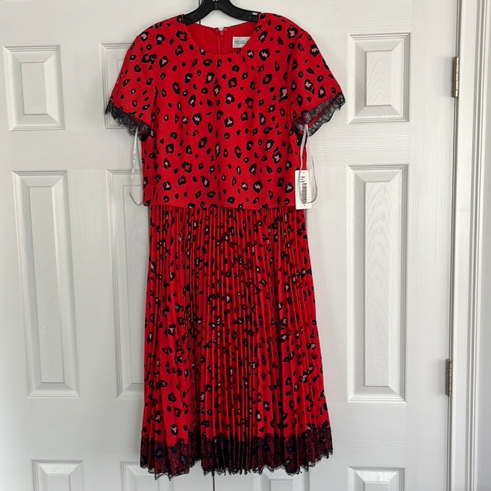 Mikael Aghal NWT cute dress red/navy leopard print lace trim pleated skirt sz 10